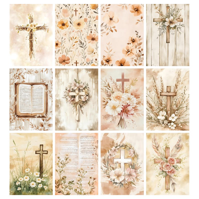 May include: A collection of watercolor illustrations featuring crosses, floral arrangements, and open books. The color palette includes soft browns, creams, and touches of pink. The images evoke a sense of spirituality and natural beauty, suitable for religious or inspirational themes.