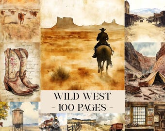 Peut inclure: Un collage d'illustrations à l'aquarelle sur le thème du Far West. Les images incluent un cow-boy à cheval, un troupeau de bétail, des bottes de cow-boy, un train et un saloon. Le texte "WILD WEST - 100 PAGES" est affiché.