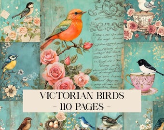 Victorian Birds Junk Journal Pages, Vintage Birds Junk Journal Kit, Bird Aged Printable Ephemera, Birds Journal Floral Scrapbook Shabby Chic