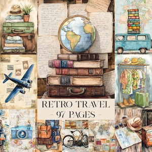 Könnte beinhalten: Aquarellillustration mit Reisethema. Mit gestapelten Vintage-Koffern, Büchern, einem Globus, einem blauen Flugzeug, einer Kamera und einem Fahrrad. Der Text "RETRO TRAVEL - 97 PAGES" wird angezeigt.