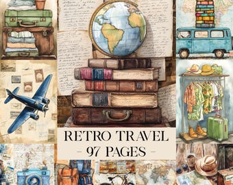 Retro Travel Junk Journal Pages, Spring Ephemera, Scrapbook printable, Printable Paper, Digital Collage, Spring Pages, Digital Download