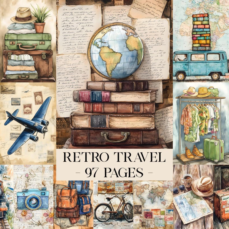 May include: Watercolor illustration with a travel theme. Features stacked vintage suitcases, books, a globe, a blue airplane, a camera, and a bicycle. The text "RETRO TRAVEL - 97 PAGES" is displayed.