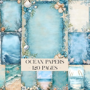 Pode incluir: Uma coleção de papéis digitais com tema oceânico com uma variedade de designs. Os papéis apresentam conchas, estrelas do mar e detalhes florais em tons de azul, bege e branco. O texto "OCEAN PAPERS - 120 PAGES -" é exibido em uma faixa bege.