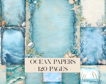 Printable Ocean Junk Journal Pages, Nautical Beach Scrapbooking Papers, Coastal Blue Sea Backgrounds, Shabby Seashore Digital Papers