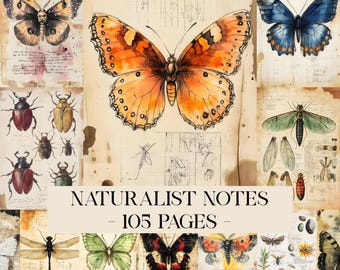 Naturalist Notes Junk Journal Kit, Digital Scrapbook Paper, Specimen Printable, Butterfly Pages Vintage Ephemera Botanical Field Guide Paper