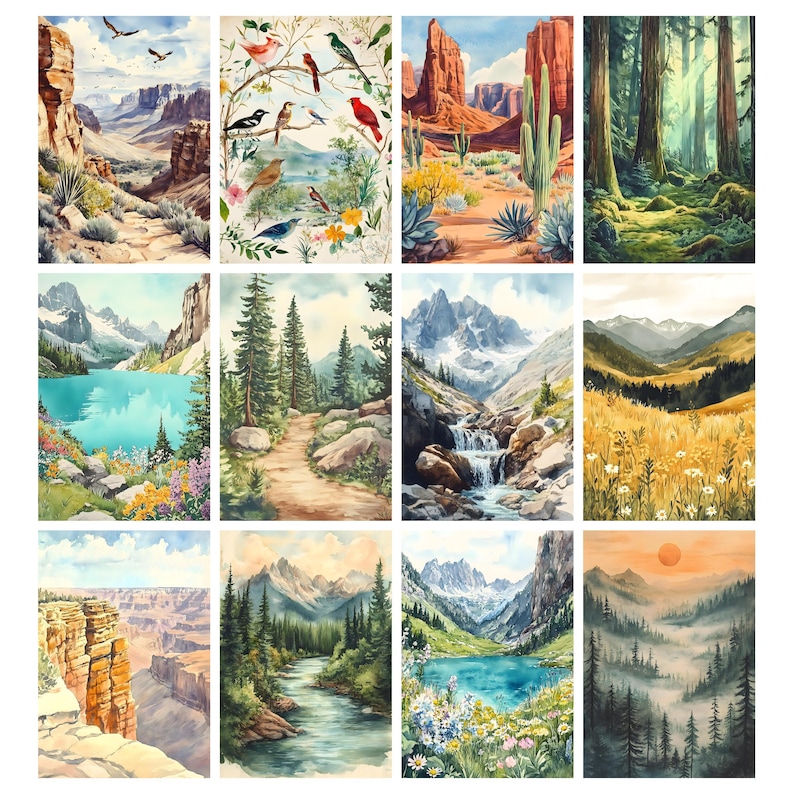 K&ouml;nnte beinhalten: Eine Sammlung von zw&ouml;lf Aquarell-Landschaftsdrucken. Die Drucke zeigen verschiedene Naturszenen, darunter Canyons, W&auml;lder, Berge und Gew&auml;sser. Die Farbpalette umfasst Gr&uuml;n-, Blau-, Braun- und Gelbt&ouml;ne und erzeugt eine ruhige und nat&uuml;rliche &Auml;sthetik.