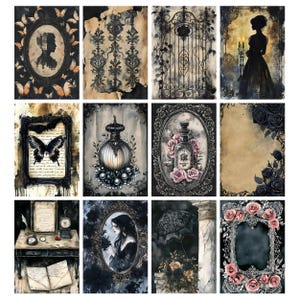 May include: A collection of twelve gothic-themed art prints. The prints feature various designs, including silhouettes, butterflies, ornate frames, perfume bottles, roses, and a wrought iron gate. The color palette is primarily black, gray, and sepia tones.