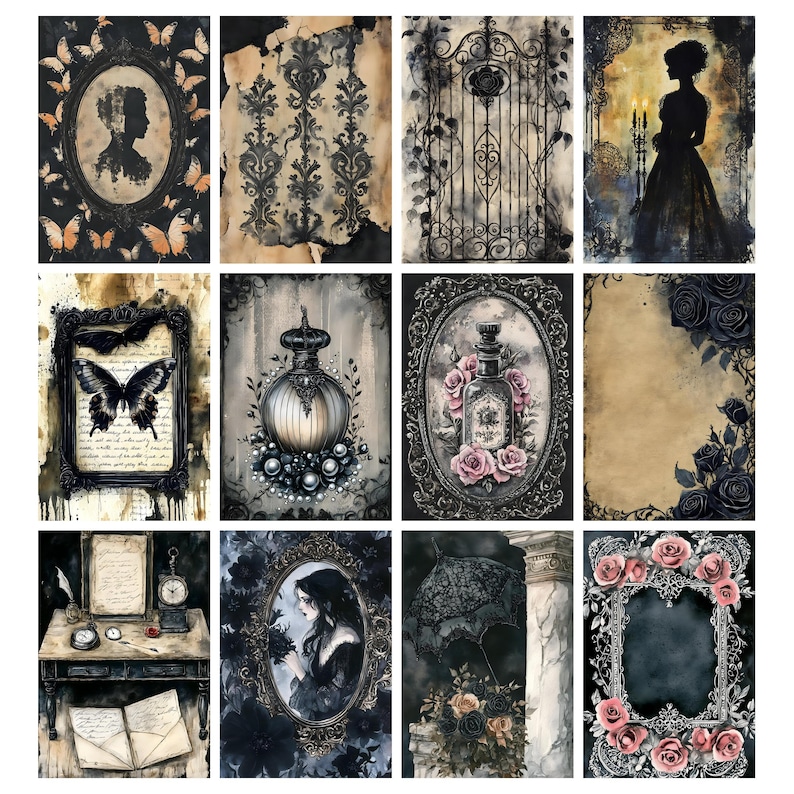 May include: A collection of twelve gothic-themed art prints. The prints feature various designs, including silhouettes, butterflies, ornate frames, perfume bottles, roses, and a wrought iron gate. The color palette is primarily black, gray, and sepia tones.