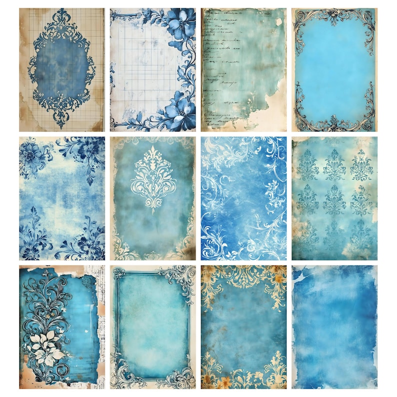 Vintage Blue Printable Paper, Blue Junk Journal Pages, Shabby Chic ...
