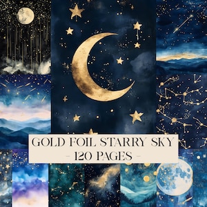 Pode incluir: Uma coleção de ilustrações em aquarela com o tema do céu estrelado em folha de ouro. As imagens incluem uma lua crescente, estrelas e várias cenas celestes. O texto na imagem diz "GOLD FOIL STARRY SKY - 120 PAGES -."