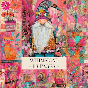 May include: A vibrant, whimsical artwork featuring a gnome with a long white beard and colorful hat. Other images include a cat, owl, butterfly, flowers, and the text "WHIMSICAL - 113 PAGES" on a pink background.