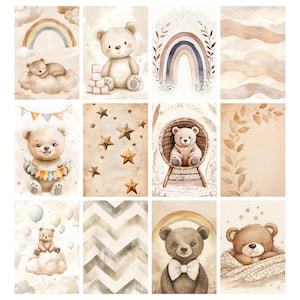 May include: Watercolor illustrations of teddy bears, rainbows, stars, and clouds in soft pastel colors. The images feature various teddy bears, some holding colorful banners or sitting in wicker chairs, creating a whimsical and gentle theme.