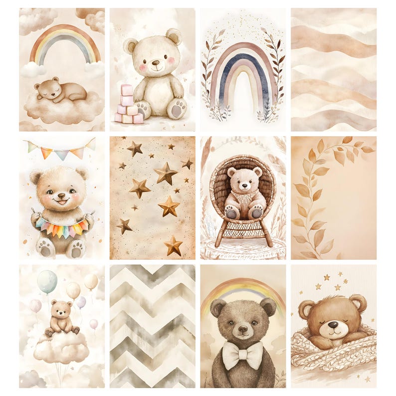 May include: Watercolor illustrations of teddy bears, rainbows, stars, and clouds in soft pastel colors. The images feature various teddy bears, some holding colorful banners or sitting in wicker chairs, creating a whimsical and gentle theme.