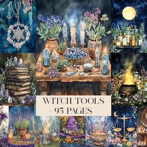 May include: A watercolor illustration featuring witch tools and supplies. The image includes a table with crystals, candles, and plants. The text "Witch Tools - 95 Pages" is displayed. The color palette is dominated by blues, purples, and greens.