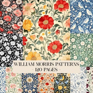 May include: A collection of William Morris patterns, featuring floral designs in various color palettes. The patterns include red, pink, yellow, and blue flowers, with green foliage. The text "WILLIAM MORRIS PATTERNS - 120 PAGES -" is displayed.