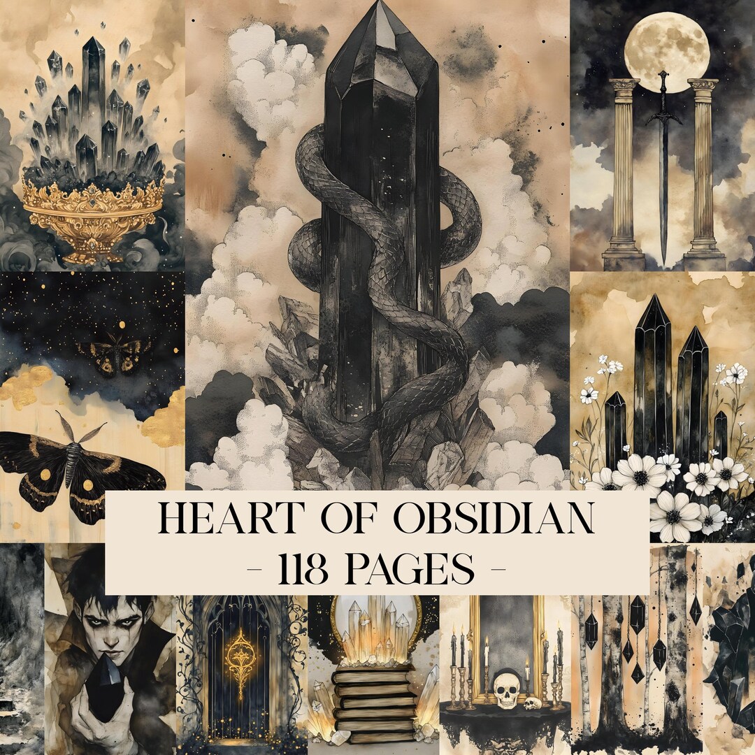 Heart of Obsidian Crystal Witch Junk Journal Pages, Dark Academia