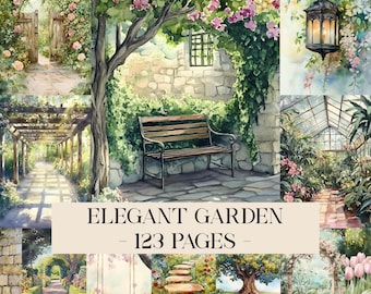 May include: A collection of watercolour illustrations depicting an elegant garden. The image includes a bench, archways, pathways, and a greenhouse. The text "ELEGANT GARDEN - 123 PAGES -" is displayed at the bottom of the image.