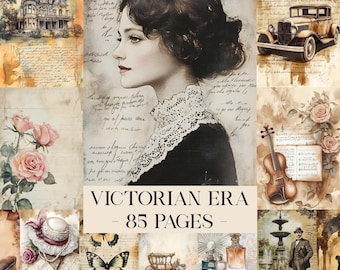 May include: A collage of Victorian-era imagery, including a portrait of a woman, roses, a vintage car, and a violin. The text "VICTORIAN ERA - 85 PAGES" is displayed prominently. The overall color palette is muted with sepia tones.