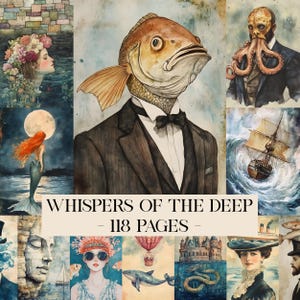 Puede incluir: Una colección de ilustraciones en acuarela con temática de fantasía. Las imágenes incluyen un caballero con cabeza de pez en esmoquin, una sirena y un barco en el mar. Se muestra el texto "WHISPERS OF THE DEEP - 118 PAGES".