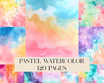 May include: A collection of pastel watercolor designs in various colors, including pink, blue, yellow, and green. The image features a central design with text that reads "PASTEL WATERCOLOR - 120 PAGES -."