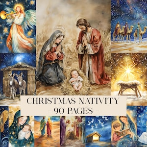 May include: A collage of watercolor illustrations depicting scenes from the Christmas Nativity story. The images include an angel, the Holy Family, the Three Wise Men, and the baby Jesus in a manger. Text reads "Christmas Nativity - 90 Pages".