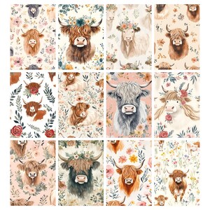 May include: A collection of watercolor illustrations featuring Highland cows. Each image showcases a different cow with floral accents, set against a backdrop of flowers and foliage. The color palette includes shades of brown, pink, and green, creating a rustic and charming aesthetic.