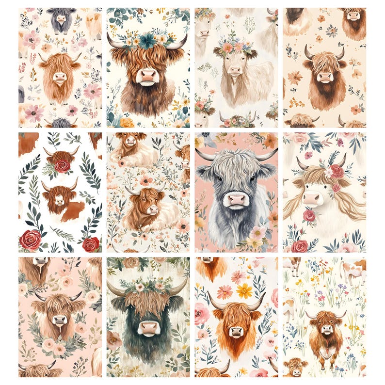May include: A collection of watercolor illustrations featuring Highland cows. Each image showcases a different cow with floral accents, set against a backdrop of flowers and foliage. The color palette includes shades of brown, pink, and green, creating a rustic and charming aesthetic.