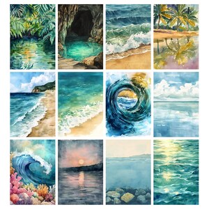 Op de afbeelding: Een verzameling van twaalf aquarel schilderijen die verschillende oceaan- en kustsc&egrave;nes uitbeelden. De kunstwerken tonen afbeeldingen van golven, stranden, zonsondergangen en onderwaterzichten, met blauw, groen en geel.