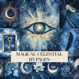 Puede incluir: Un collage de ilustraciones de acuarela de temática celestial en tonos azules y dorados. Las imágenes incluyen una luna creciente, un ojo, una llave, una pluma y una mujer. Se muestra el texto "MAGICAL CELESTIAL - 115 PAGES".