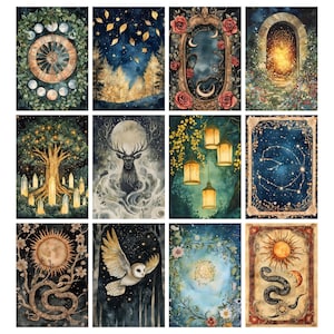 May include: A collection of twelve watercolor art prints featuring mystical and celestial themes. The prints showcase imagery such as a clock surrounded by foliage, a starry night forest, a deer with a full moon, and an owl in flight. Each print has a unique design.