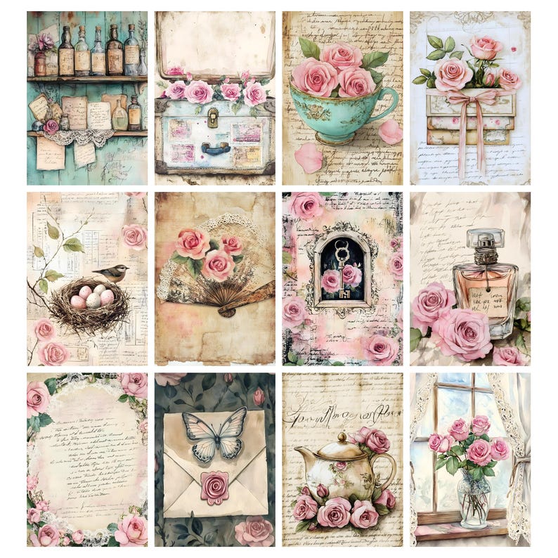 Może przedstawiać: Kolaż ilustracji w stylu vintage z r&oacute;żami, filiżankami, butelkami perfum i gniazdem ptak&oacute;w. Paleta kolor&oacute;w obejmuje miękkie r&oacute;że, zielenie i kremy, z fakturami postarzanego papieru. Obrazy przywołują romantyczną, antyczną estetykę.