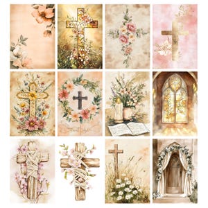 May include: A collection of watercolor images featuring crosses, flowers, and religious themes. The images showcase various cross designs, including floral arrangements, stained glass, and rustic wooden crosses, in soft, pastel colors.