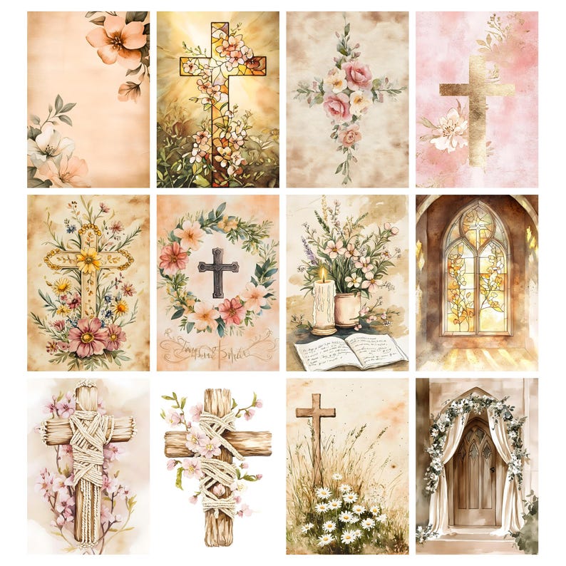 May include: A collection of watercolor images featuring crosses, flowers, and religious themes. The images showcase various cross designs, including floral arrangements, stained glass, and rustic wooden crosses, in soft, pastel colors.