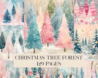 May include: Watercolor illustrations of a Christmas tree forest in shades of pink, blue, and green. The text "CHRISTMAS TREE FOREST - 129 PAGES -" is displayed across the image. The trees are covered in snow.