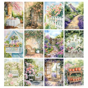 May include: A collection of watercolor paintings depicting serene garden scenes. Each painting showcases vibrant flowers, including roses and lavender, with elements like white picket fences, tea settings, and rustic furniture. The artwork evokes a sense of tranquility and natural beauty.