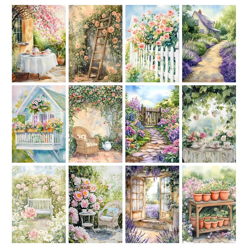 May include: A collection of watercolor paintings depicting serene garden scenes. Each painting showcases vibrant flowers, including roses and lavender, with elements like white picket fences, tea settings, and rustic furniture. The artwork evokes a sense of tranquility and natural beauty.