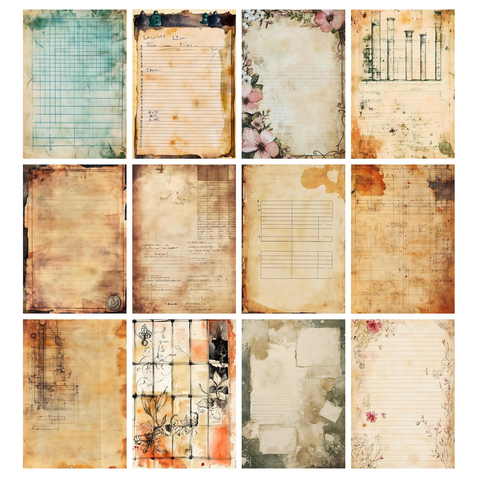 Shabby Lined Junk Journal Pages, Grid Lined Papers, Old Paper Texture ...