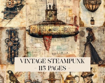 May include: A collage of vintage steampunk illustrations, including a train, submarine, airship, and a woman in a long dress. The text "VINTAGE STEAMPUNK - 115 PAGES" is displayed across the center of the image.