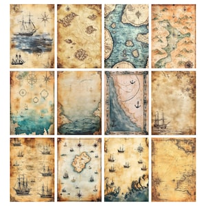May include: A collection of twelve vintage-style nautical maps. Each map features illustrations of ships, compass roses, and landmasses. The color palette includes shades of brown, beige, and blue, giving them an aged appearance. The maps are arranged in a grid.