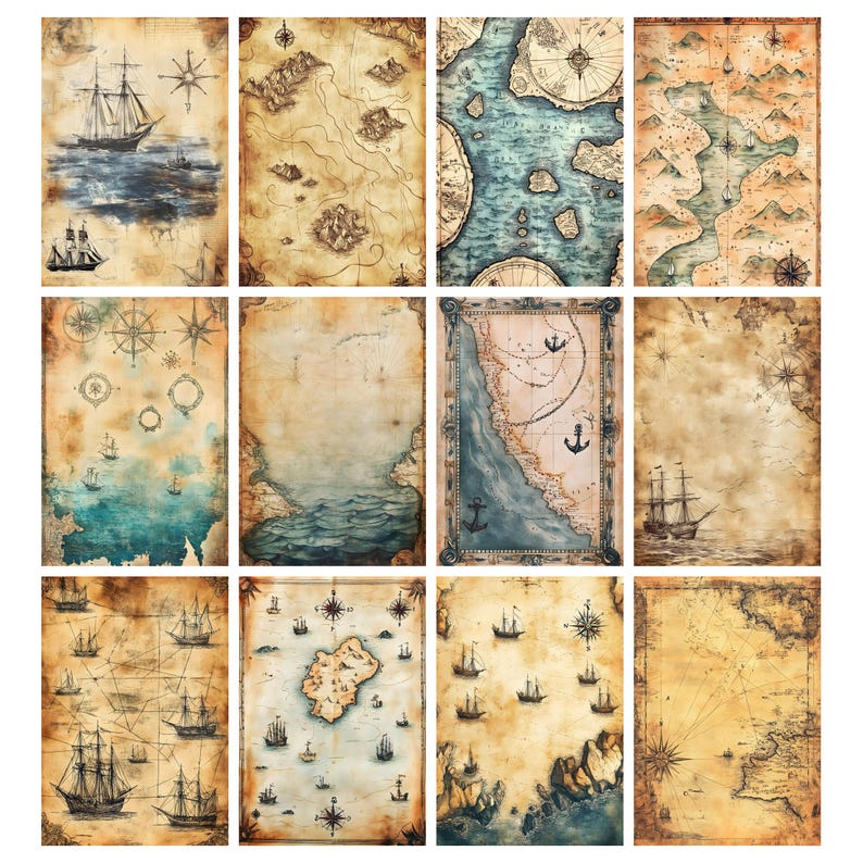 May include: A collection of twelve vintage-style nautical maps. Each map features illustrations of ships, compass roses, and landmasses. The color palette includes shades of brown, beige, and blue, giving them an aged appearance. The maps are arranged in a grid.
