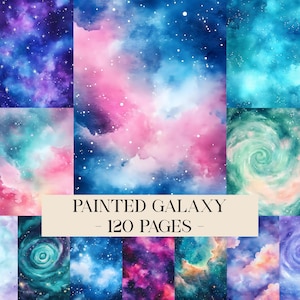 May include: A selection of watercolour galaxy designs in shades of blue, pink, and purple. The text "PAINTED GALAXY - 120 PAGES -" is displayed on a cream-coloured banner. The designs feature swirling clouds and scattered stars.