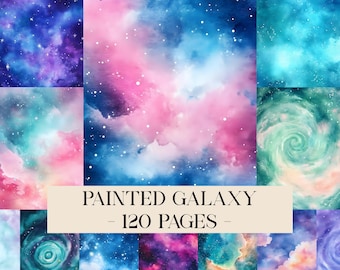 Painted Galaxy Digital Paper, Watercolor Starry Night Backgrounds Printable Night Sky Nebula Scrapbook Paper Textures Galaxy Backgrounds