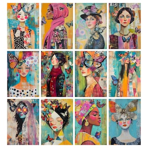 May include: A collection of twelve colorful art prints featuring portraits of women adorned with butterflies. Each portrait showcases a unique style, with vibrant colors and intricate details. The artwork evokes a sense of beauty and whimsy, perfect for wall decor.