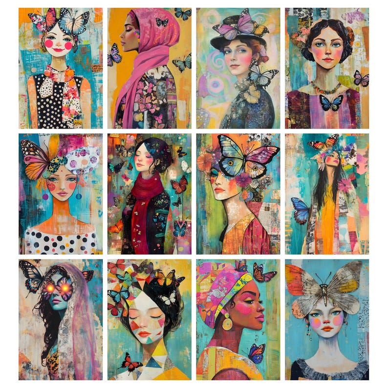 May include: A collection of twelve colorful art prints featuring portraits of women adorned with butterflies. Each portrait showcases a unique style, with vibrant colors and intricate details. The artwork evokes a sense of beauty and whimsy, perfect for wall decor.