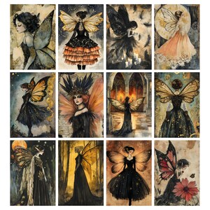May include: A collection of twelve fantasy art prints featuring fairy figures. Each print showcases a unique fairy with detailed wings, gowns, and accessories. The color palette includes blacks, golds, and earthy tones, creating a mystical and enchanting aesthetic.