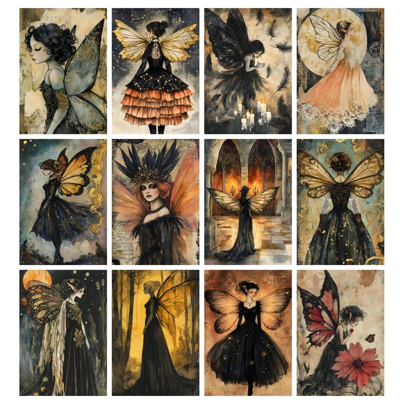 May include: A collection of twelve fantasy art prints featuring fairy figures. Each print showcases a unique fairy with detailed wings, gowns, and accessories. The color palette includes blacks, golds, and earthy tones, creating a mystical and enchanting aesthetic.
