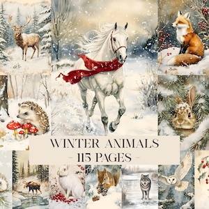 May include: A series of watercolour illustrations depicting winter animals in a snowy scene. The images include a deer, a white horse with a red scarf, a fox, a rabbit, and other woodland creatures. Text reads "Winter Animals - 115 Pages".
