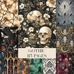 May include: A digital collection of 115 pages featuring gothic patterns including skulls, white flowers, ravens, owls on crescent moons, spiderwebs, roses, butterflies, tombstones, and damask prints with the text GOTHIC - 115 PAGES - centered.