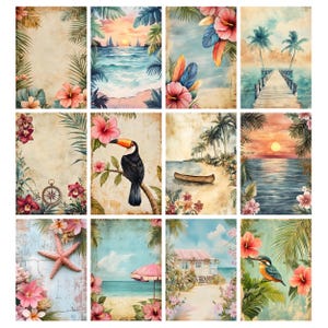May include: A collection of twelve rectangular art prints featuring tropical themes, including ocean sunsets, palm trees, a toucan, a wooden pier, a starfish, a beach house, and vibrant hibiscus flowers in various watercolor-style compositions.