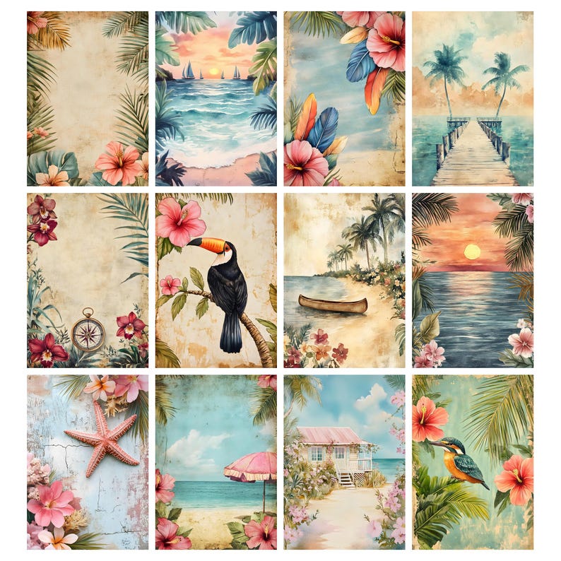 May include: A collection of twelve rectangular art prints featuring tropical themes, including ocean sunsets, palm trees, a toucan, a wooden pier, a starfish, a beach house, and vibrant hibiscus flowers in various watercolor-style compositions.